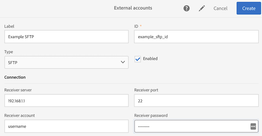 Entering the SFTP external account information in ACS