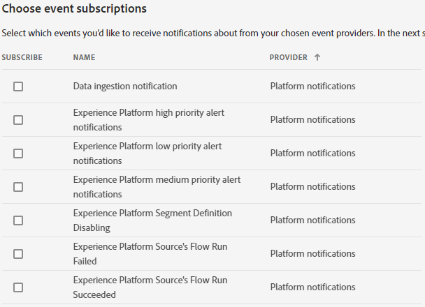 list of possible event subscriptions to select