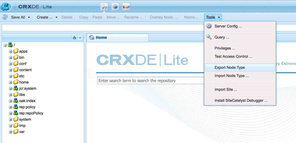 screen grab of how to export node from CRX/DE Lite