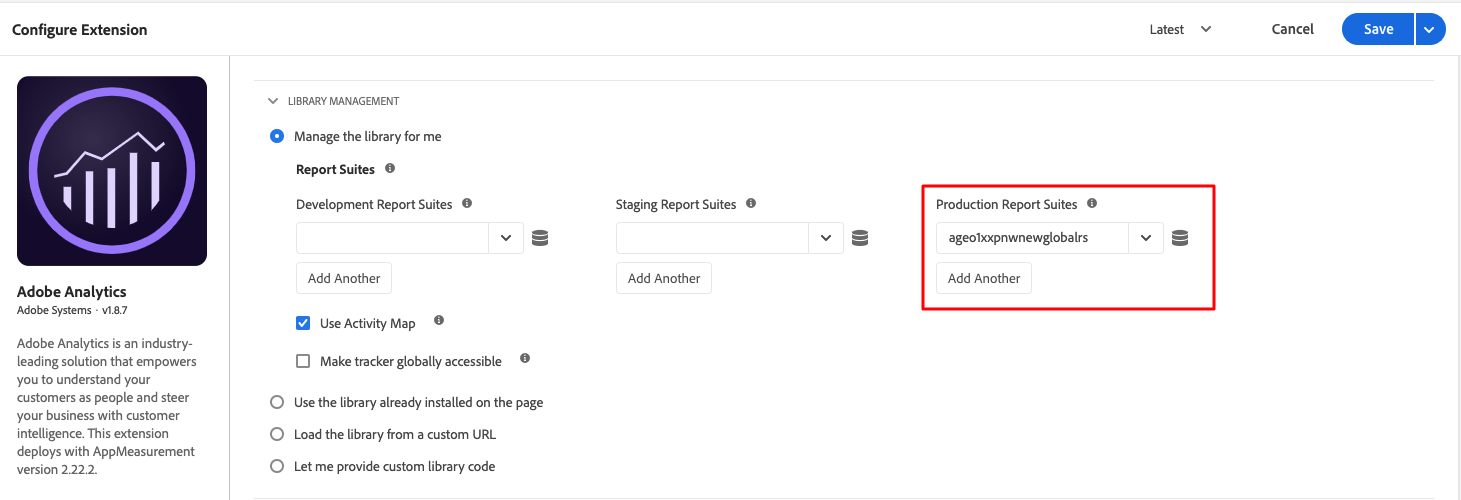 adobe analytics extension page shown with production report suites highlighted