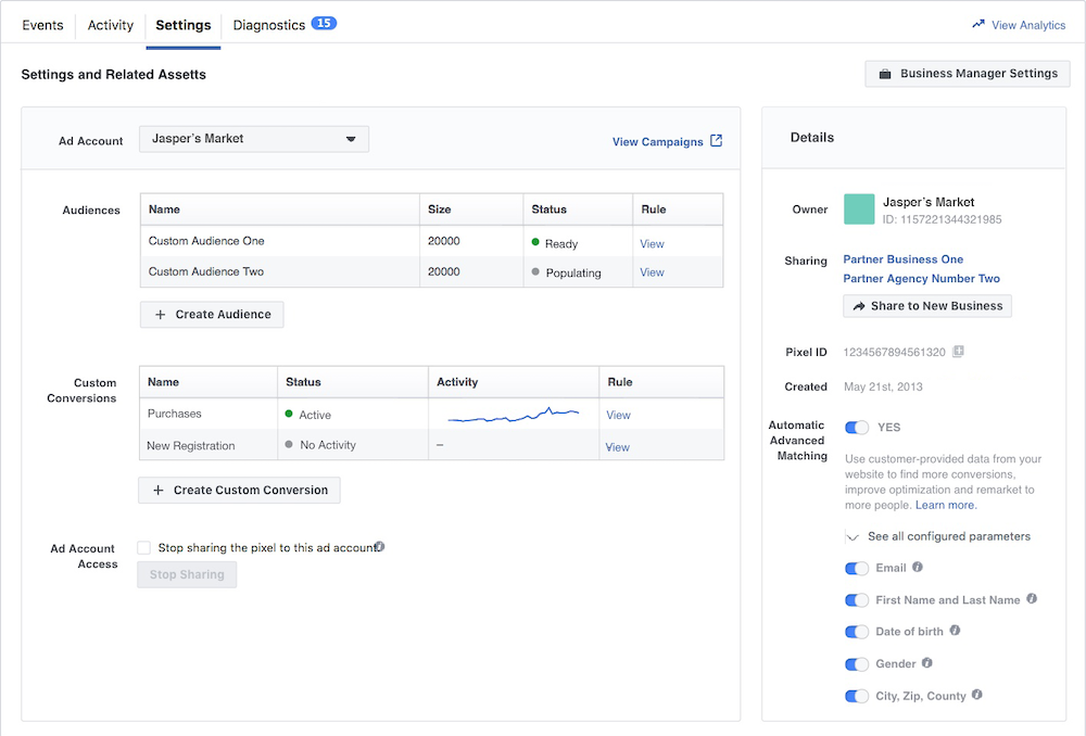 screen shot of facebook event manager settings