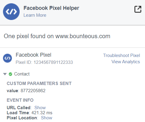 image of Facebook Pixel Helper showing Contact Event 