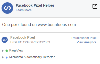 image of Facebook Pixel Helper showing PageView