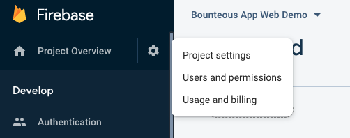 Firebase project overview option selected with pop out menu shown