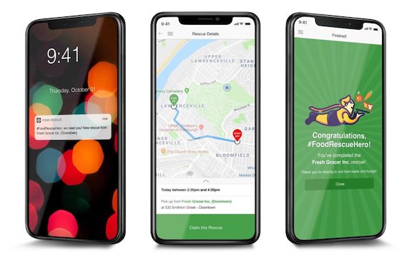 three phone screens displaying various views of the food rescue hero app