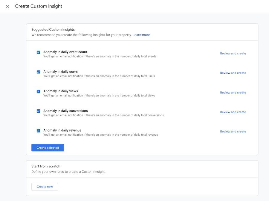 list of available custom insights in google analytics 4