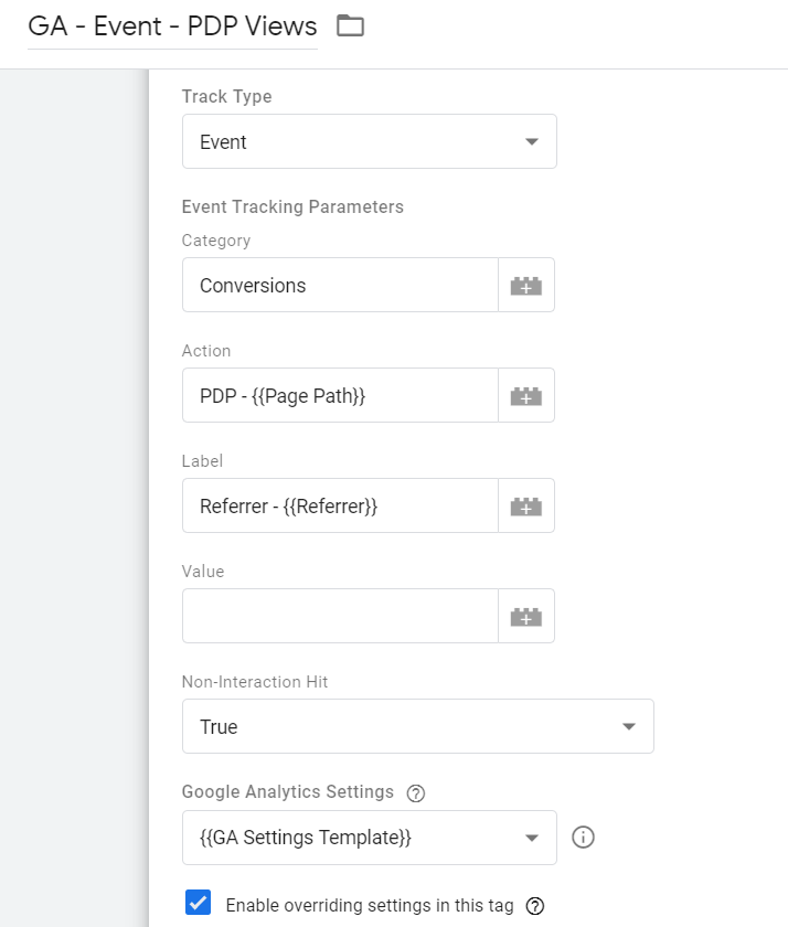 screenshot of Google Analytics Event for PDP Views