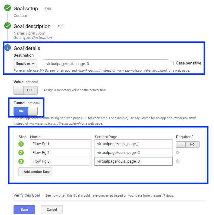 screenshot of step three of goal setup