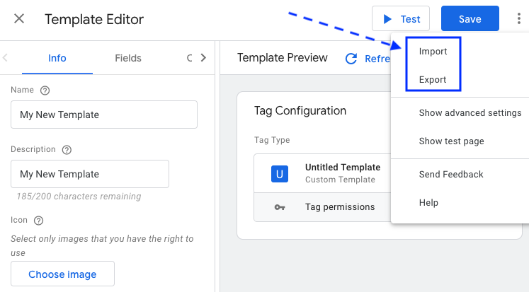 screen of how to import and upload a new GTM template