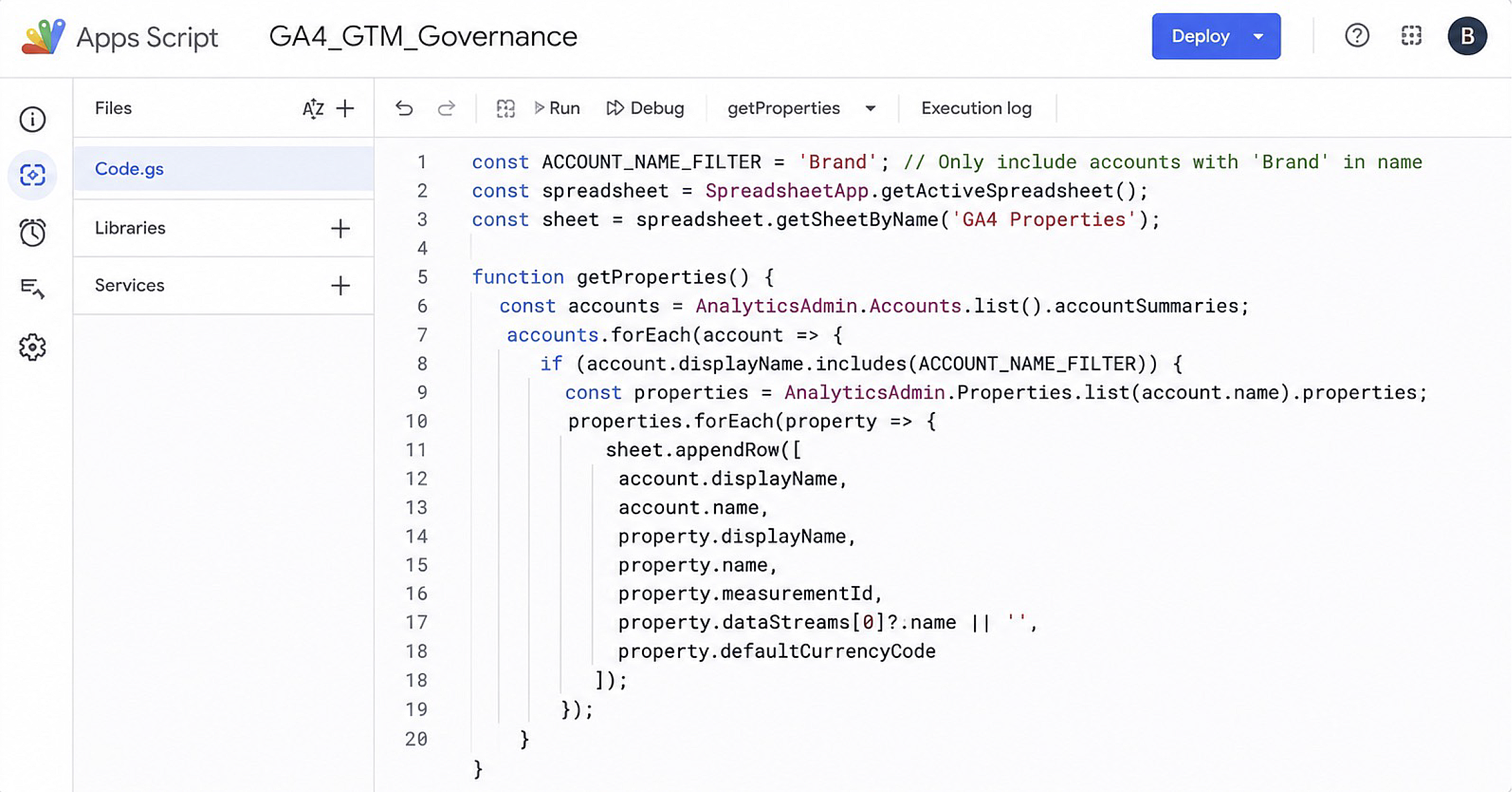 Google Apps Script code editor showing a getProperties function that pulls GA4 accounts and properties filtered by name into a Google Sheet.