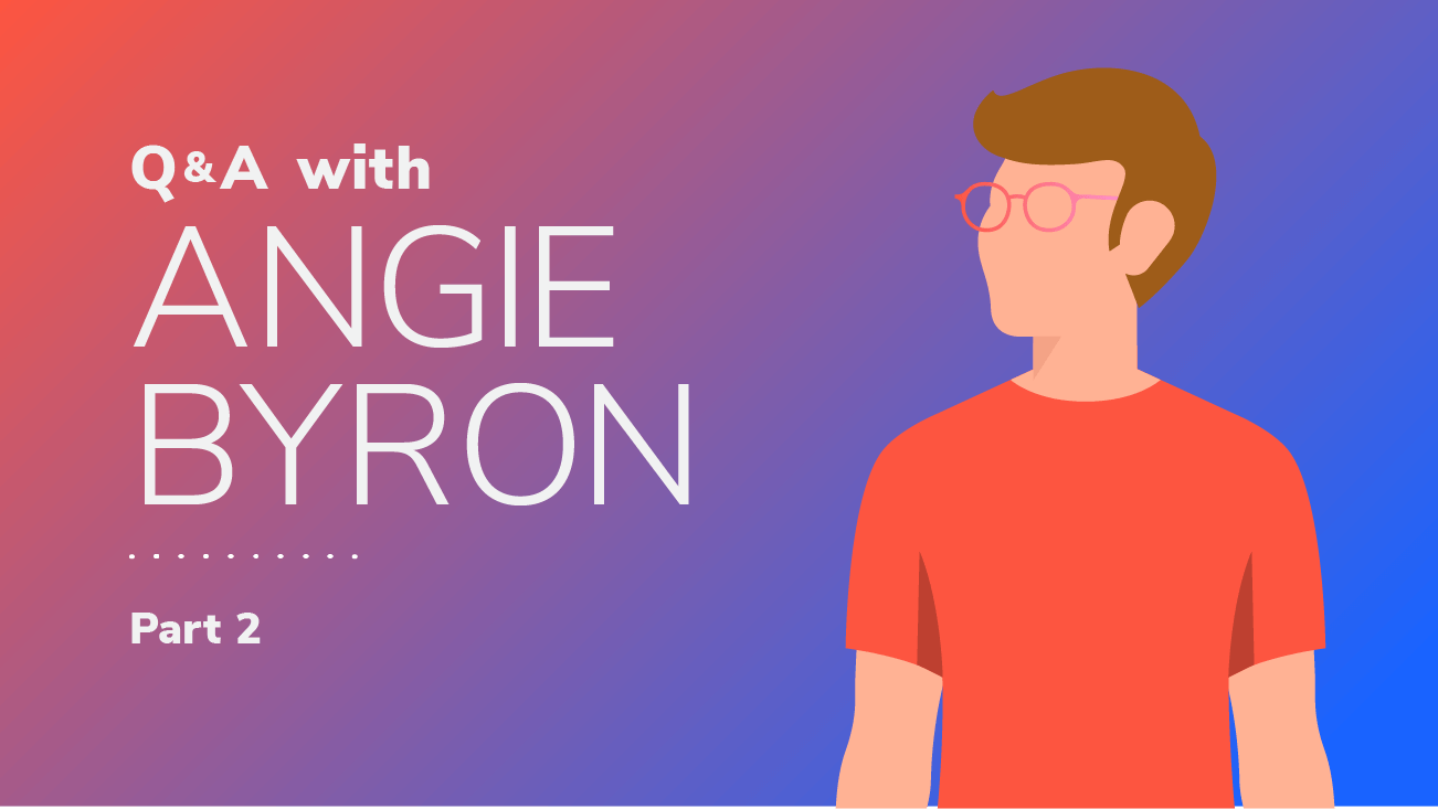 "Q&A with Angie Byron" text and cartoon image of Byron