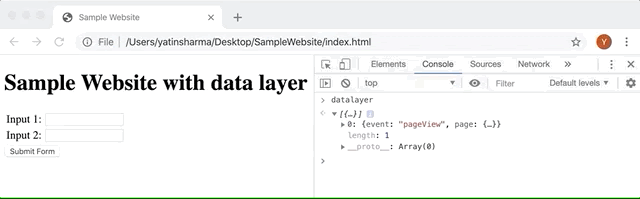 gif showing a page that reloads to quickly to see the data layer event in the console