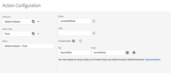 screen grab of adding context data to launch action to be sent to adobe analytics