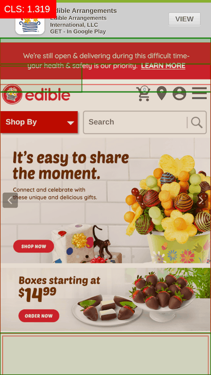 GIF showing layout shift changes on Edible Arrangements homepage
