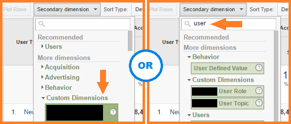 GA New vs Returning report with expanded menu for secondary dimensions GA New vs Returning report with expanded menu for secondary dimensions