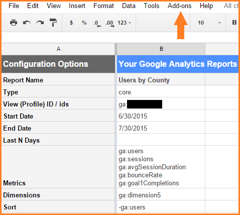 Report configuration tab in a Google Sheets GA Add-On report Report configuration tab in a Google Sheets GA Add-On report
