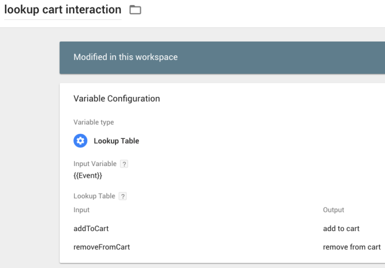 {{lookup cart interaction}} in GTM