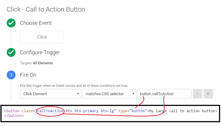 Google Tag Manager Click Trigger Example - Tracking a button with class call to action Google Tag Manager Click Trigger Example - Tracking a button with class call to action