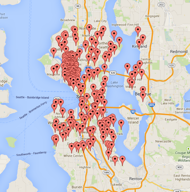 Map of Seattle with locations mapped