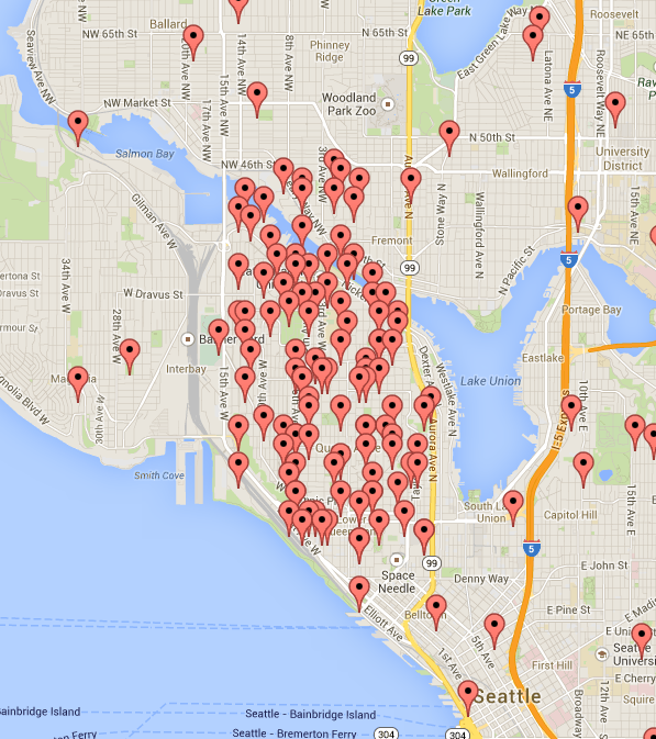 Map of Seattle's Queen Anne neighborhood with locations mapped