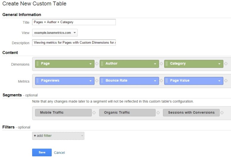 GA 360 Custom Table example