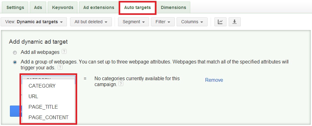 Select your webpage criteria to create an dynamic search auto-target Select your webpage criteria to create an dynamic search auto-target