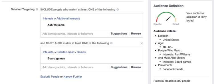 Using detailed targeting to narrow down Facebook users