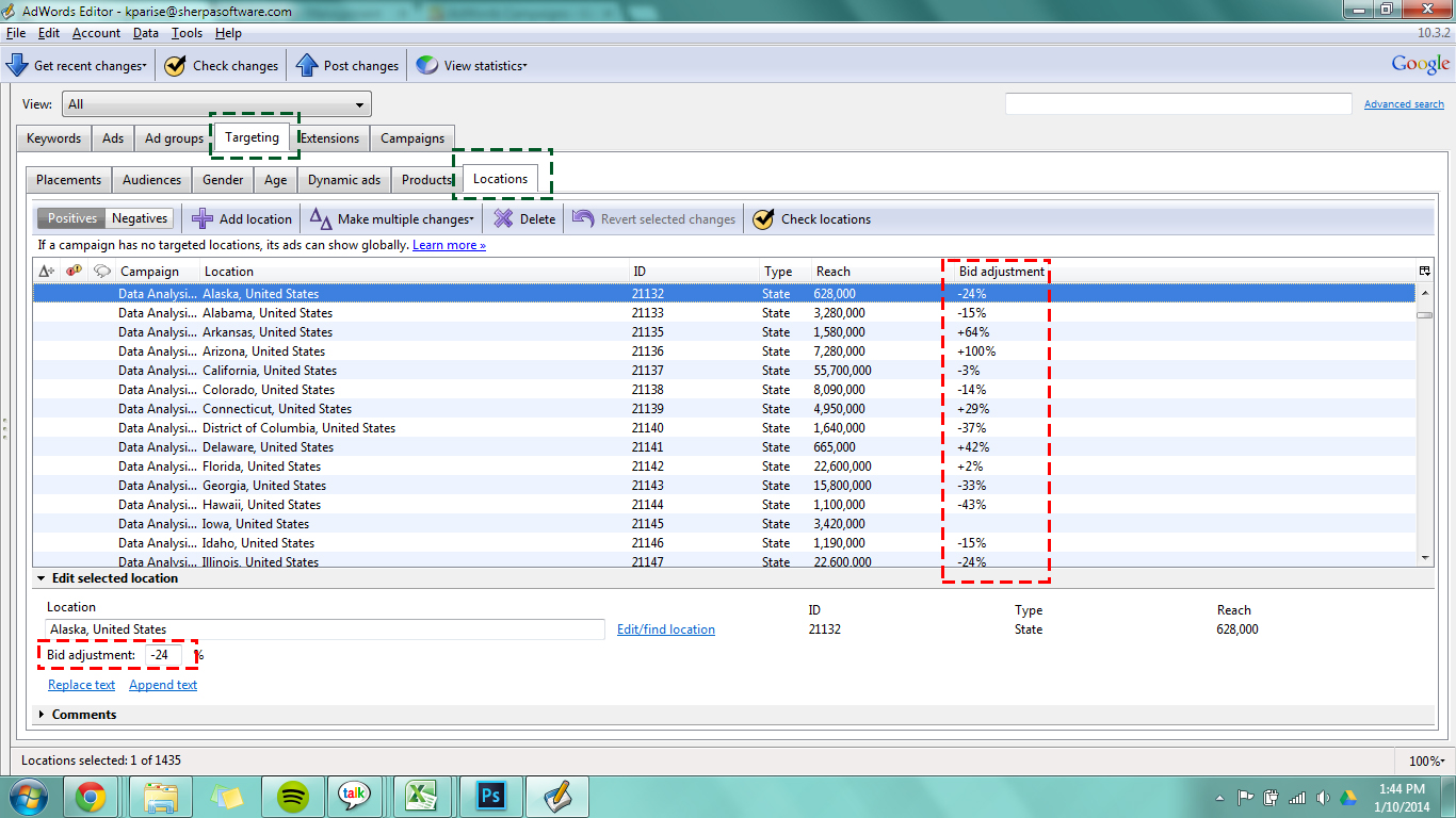 Google AdWords Location Bids in Editor