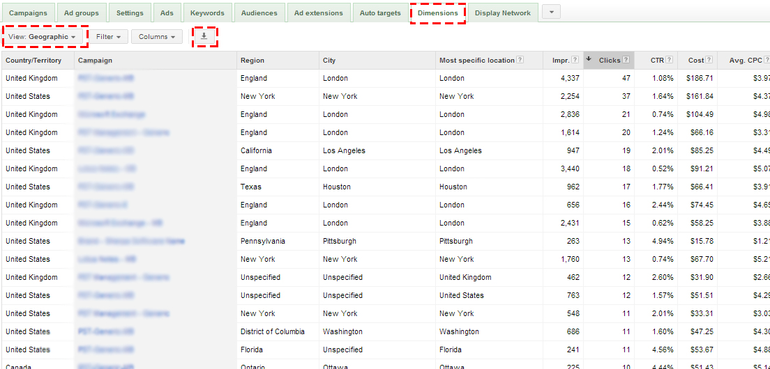 Where to find the AdWords geographic report