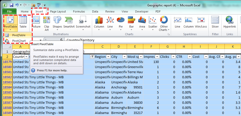 Adding data into a Pivot table