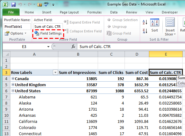 Pivot Table Field Settings