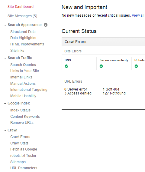 Google Webmaster Tools schermata home menu schermata