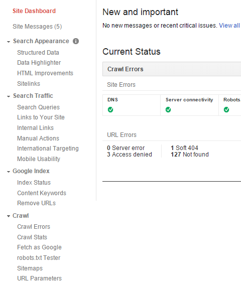 Google Webmaster Tools home screen menu screenshot