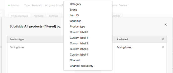shopping campaign product group sub-division settings