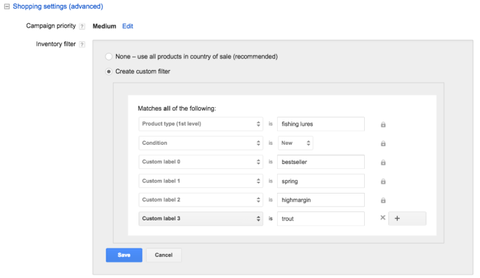 shopping campaign custom inventory filter