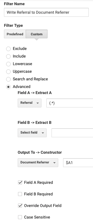 Use an advanced filter to write the Referral field value into your custom dimension Use an advanced filter to write the Referral field value into your custom dimension