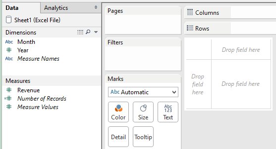 Tableau dimensions and measures in a new worksheet Tableau dimensions and measures in a new worksheet