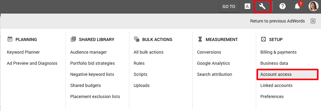 adwords account access from menu adwords account access from menu