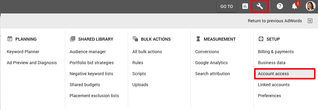 adwords account access from menu