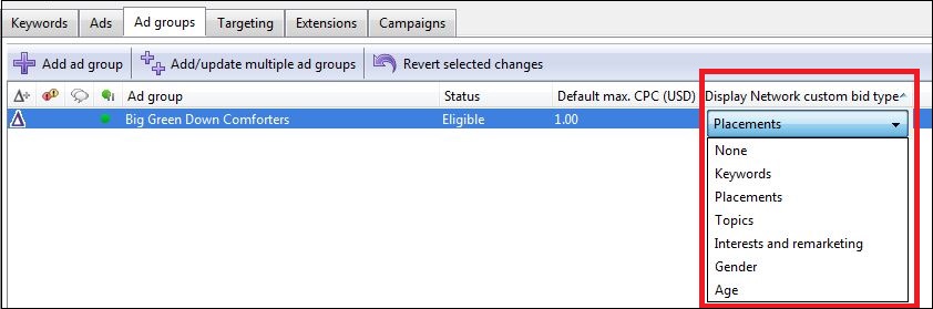 adwords editor 10.0 GDN bid option