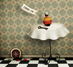 Drink me potion and key on table next to miniature door Drink me potion and key on table next to miniature door