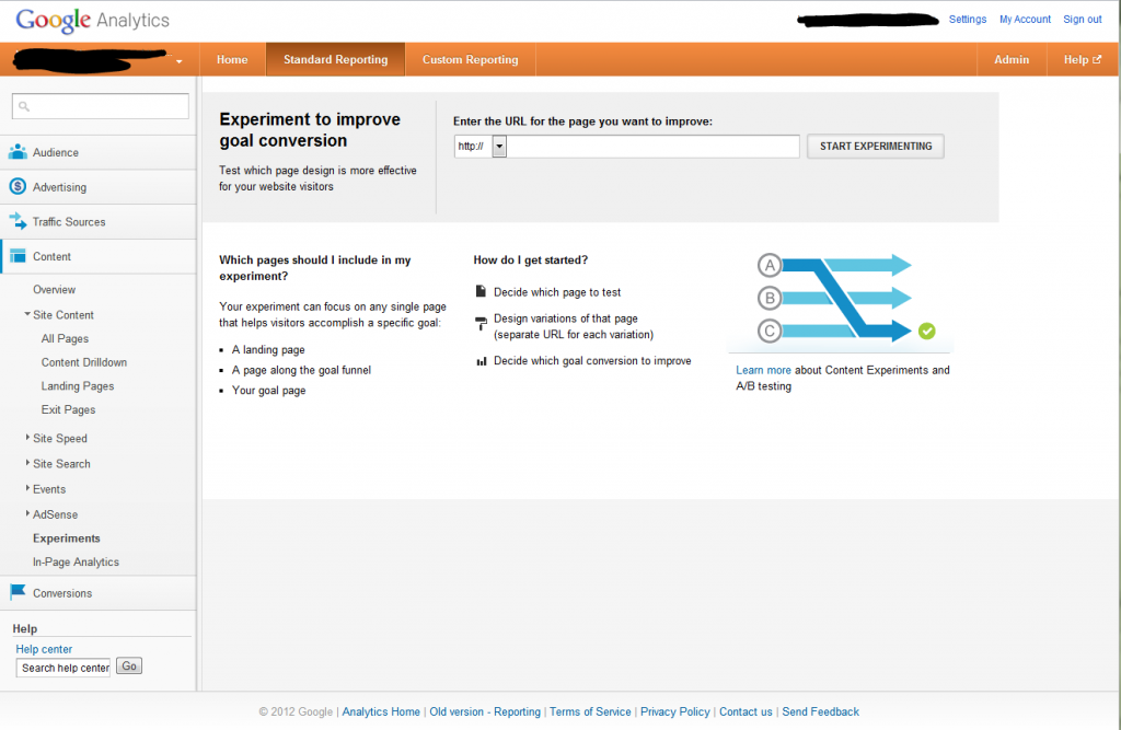 Google Analytics Content Experiments Screen 1 Google Analytics Content Experiments Screen 1
