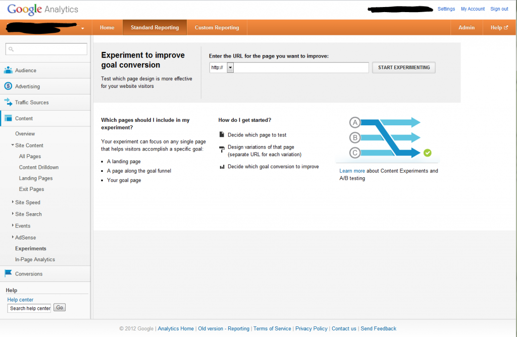 Google Analytics Content Experiments Screen 1