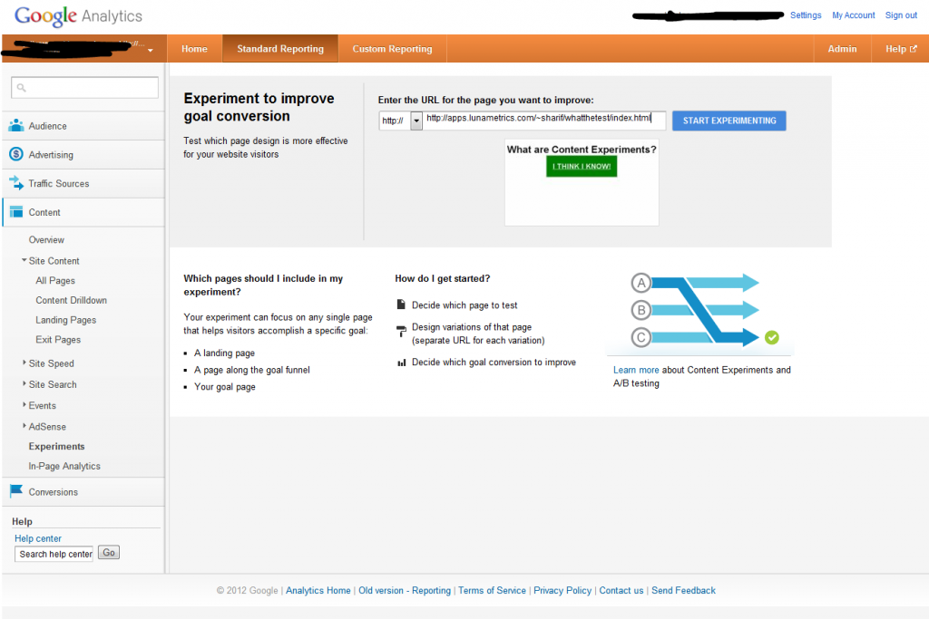 Google Analytics Content Experiments Screen 3 Google Analytics Content Experiments Screen 3