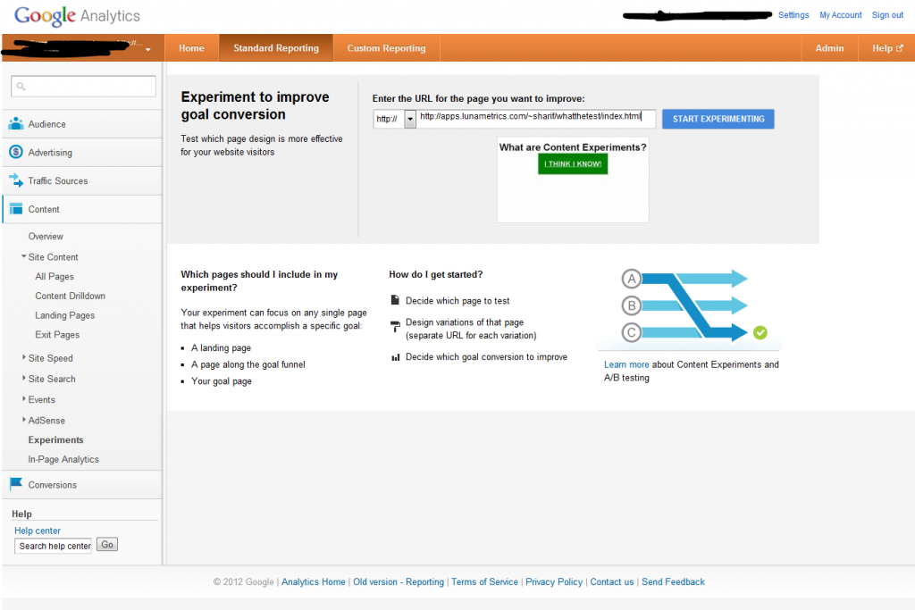 Google Analytics Content Experiments Screen 3