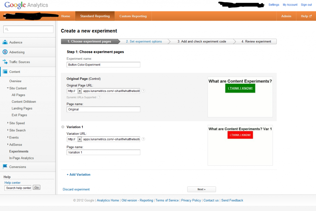 Google Analytics Content Experiments Screen 4 Google Analytics Content Experiments Screen 4