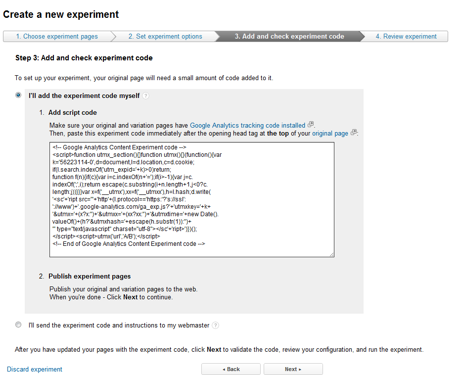 Google Analytics Content Experiments Screen 10