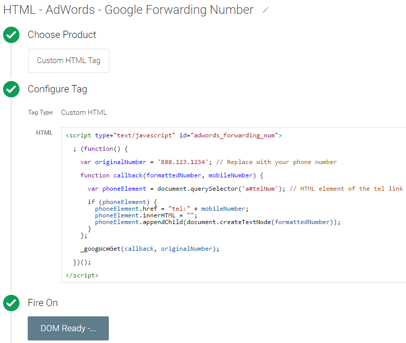 google forwarding number in GTM