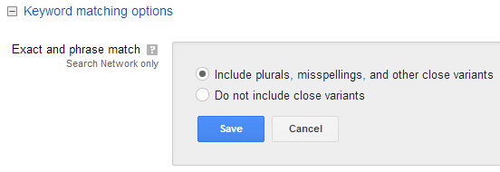 Google AdWords keyword matching campaign setting