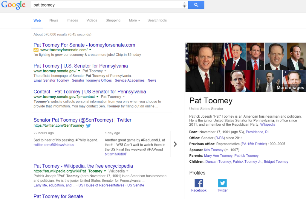 Senator Pat Tooney using branded ads in the search results Senator Pat Tooney using branded ads in the search results